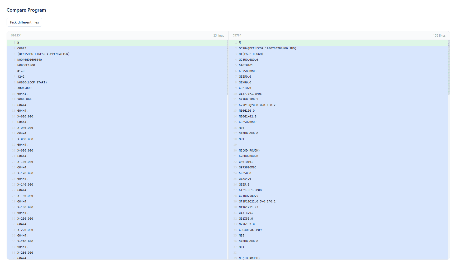 Side-by-side CNC program compare view showing differences between two Fanuc G-code files