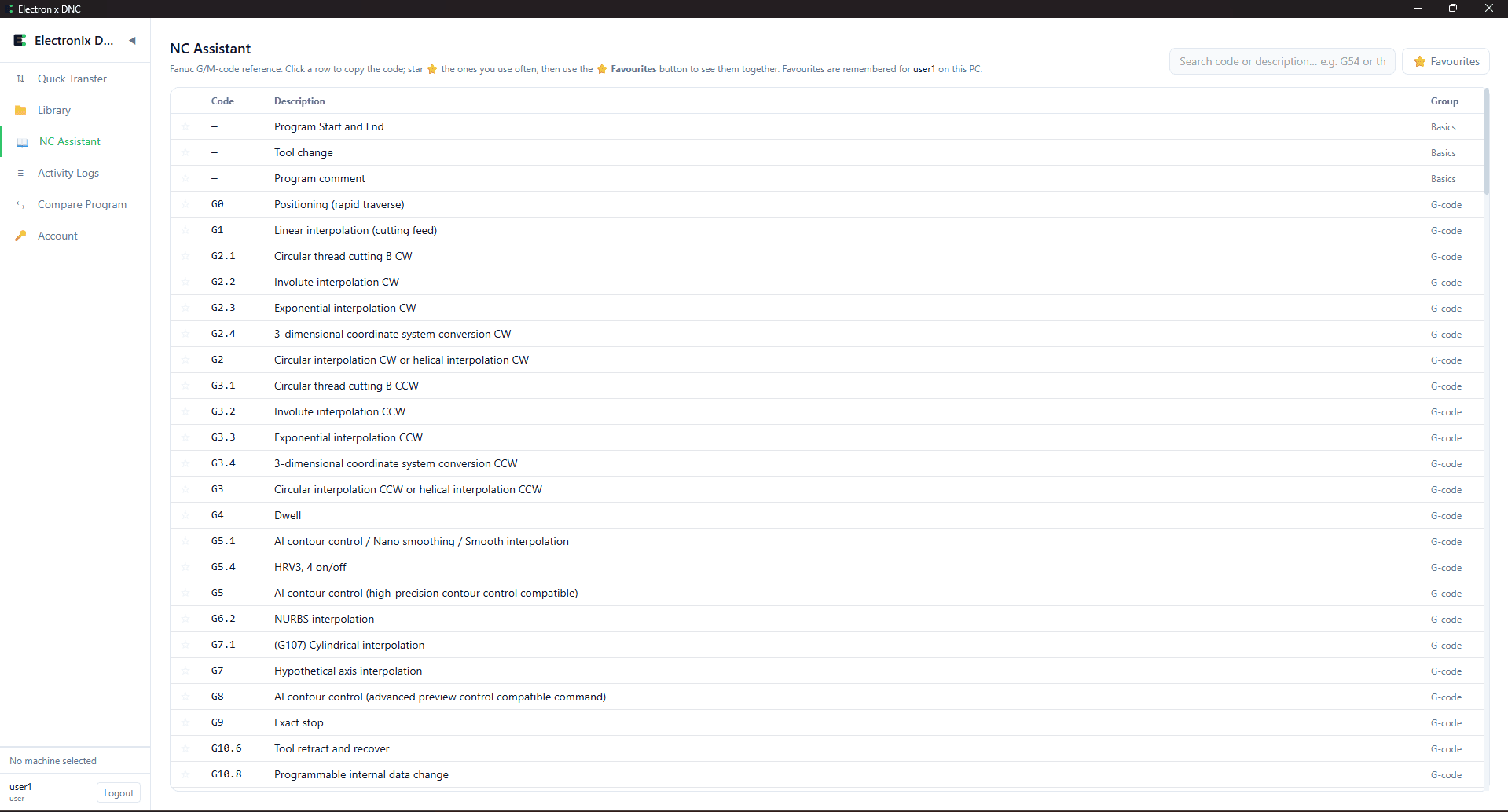 NC Assistant — searchable Fanuc G-code and M-code reference with favourites