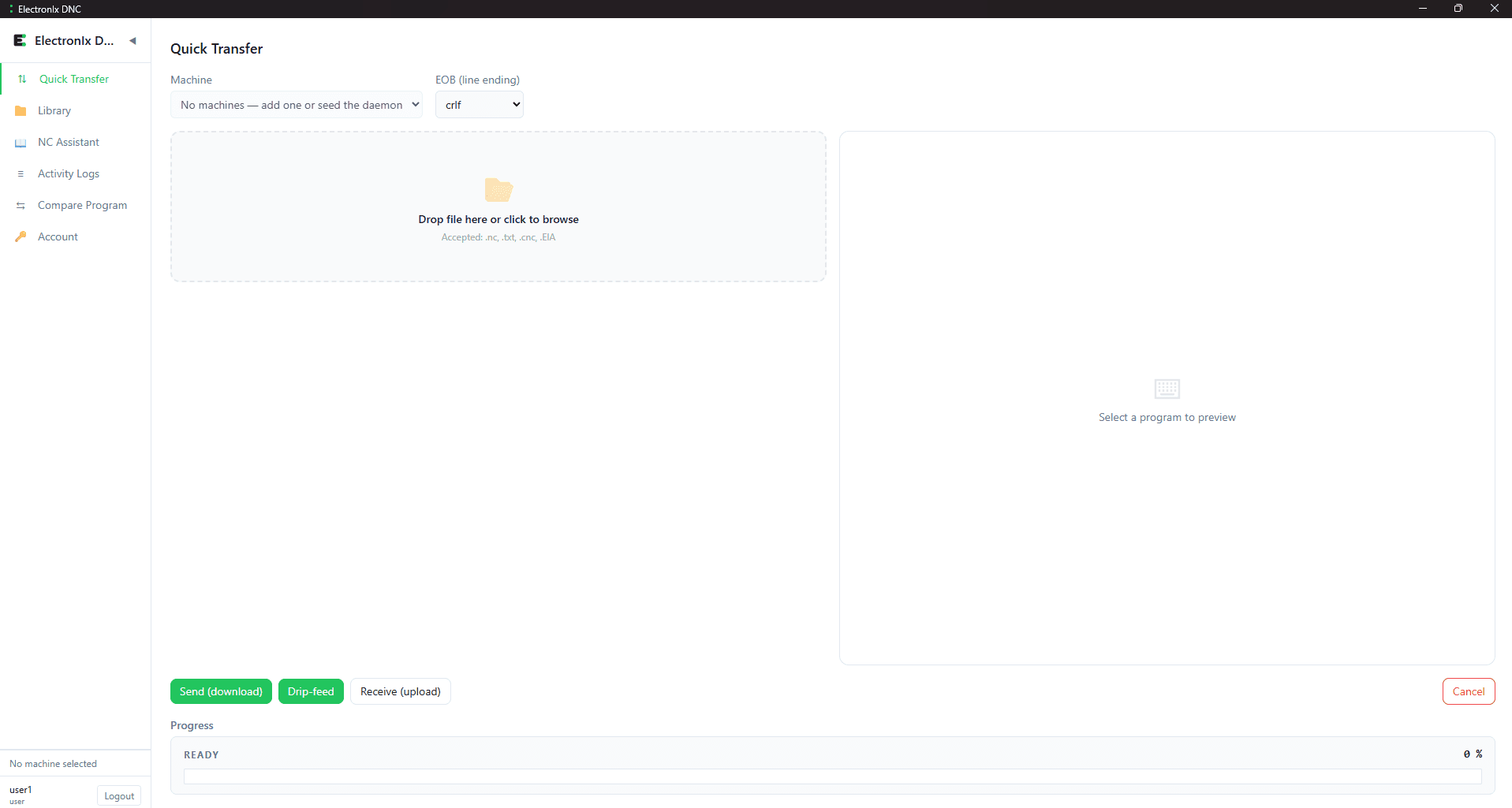 ElectronIx DNC Quick Transfer screen — drop a CNC program file, pick a machine, and send, drip-feed, or receive