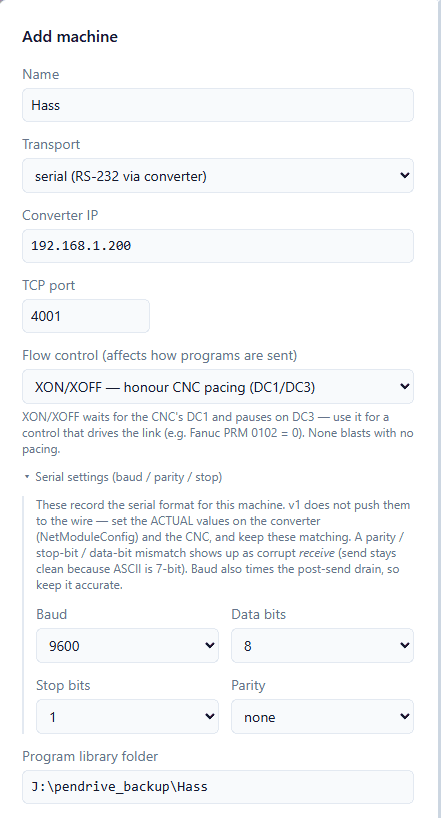 ElectronIx DNC add-machine dialog: RS232 via serial-to-Ethernet converter, converter IP 192.168.1.200, TCP port, XON/XOFF flow control, baud and parity settings