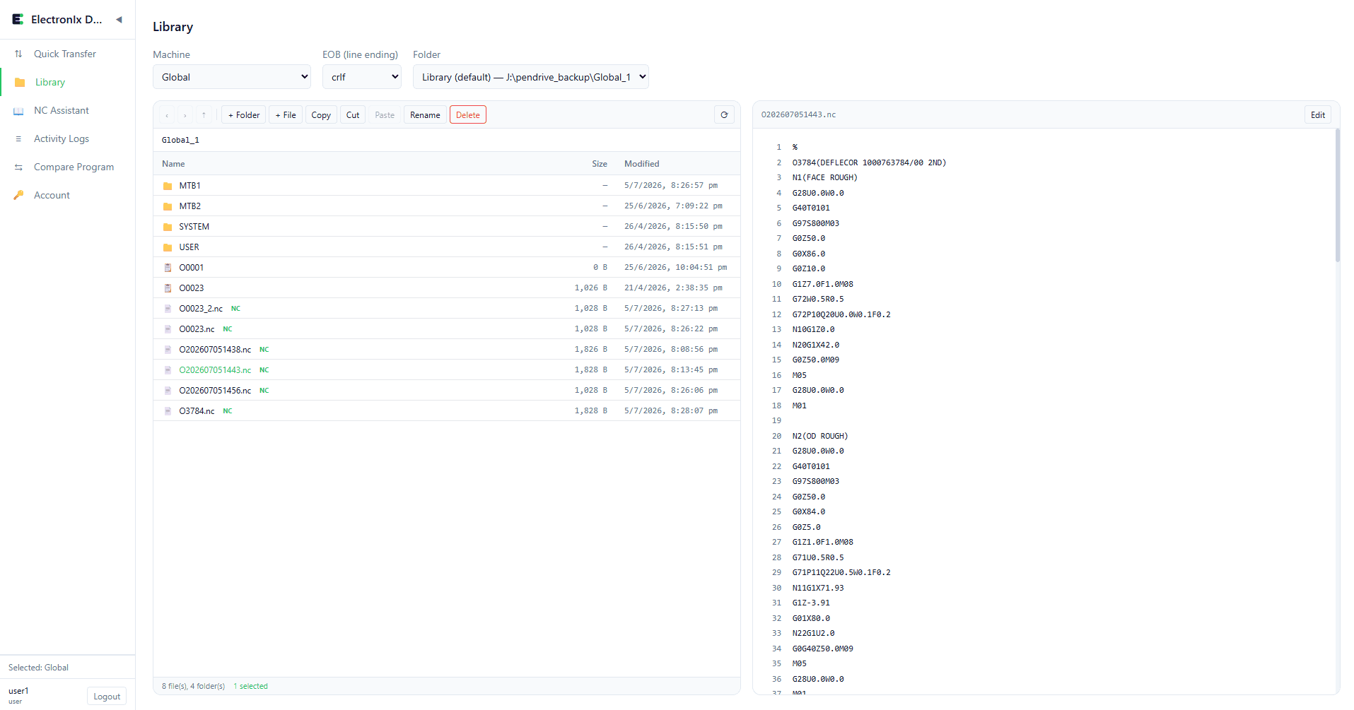ElectronIx DNC program library — per-machine folders, file manager, and G-code preview replacing scattered USB pen drives